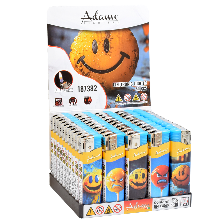 Adamo Refillable Electric Lighters - SMILEY FACES DESIGN (SLIM) - FULL SETS OF 5 LIGHTERS / BULK