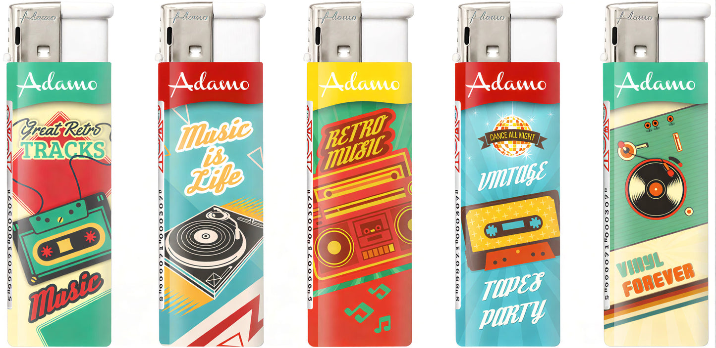 Adamo Refillable Electric Lighters - RETRO MUSIC DESIGN - FULL SET OF 5 LIGHTERS