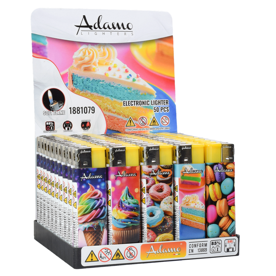 Adamo Refillable Electric Lighters - COLOURFUL DESSERTS DESIGN - FULL SETS OF 5 LIGHTERS / BULK