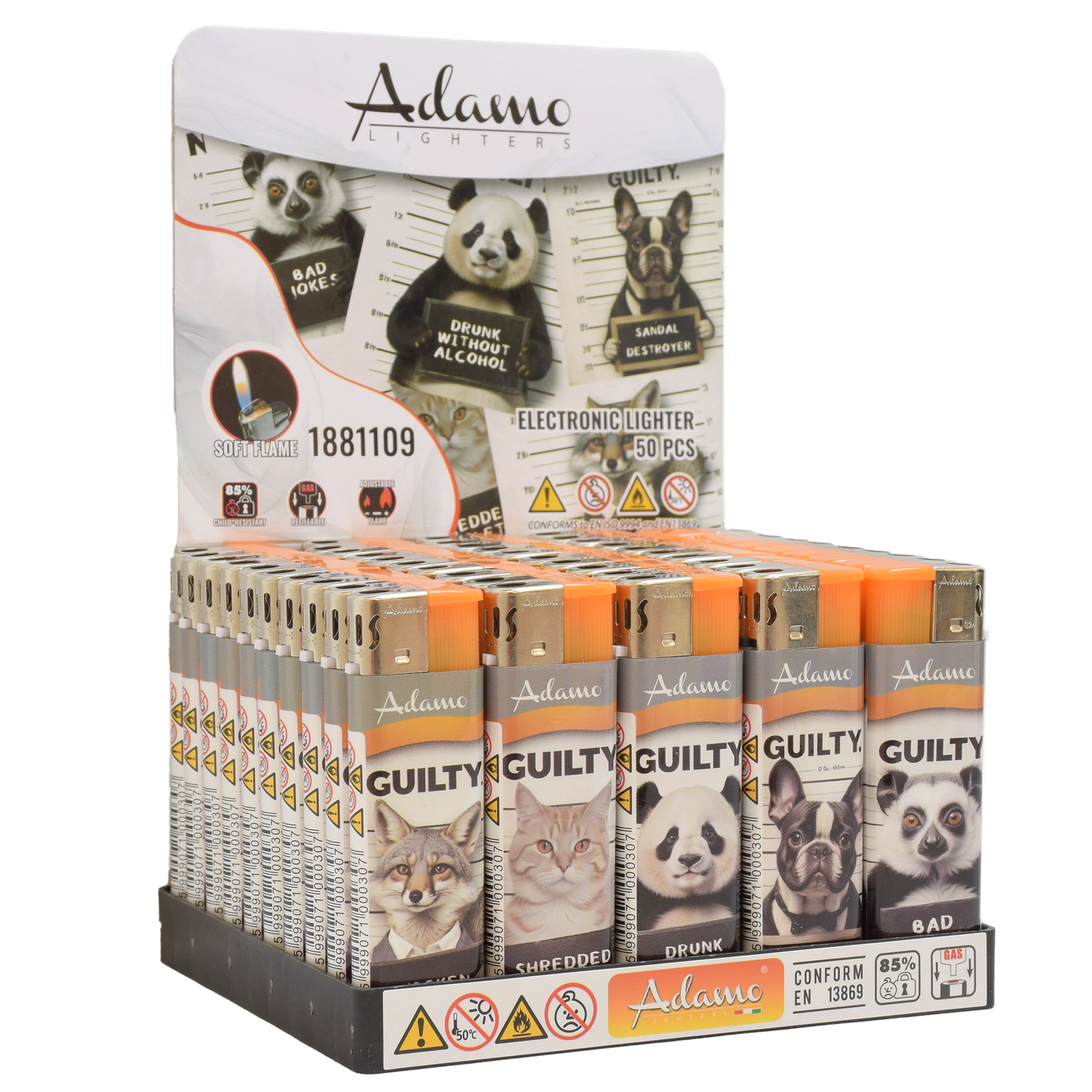 Adamo Refillable Electric Lighters - GUILTY ANIMALS DESIGN - FULL SETS OF 5 LIGHTERS / BULK