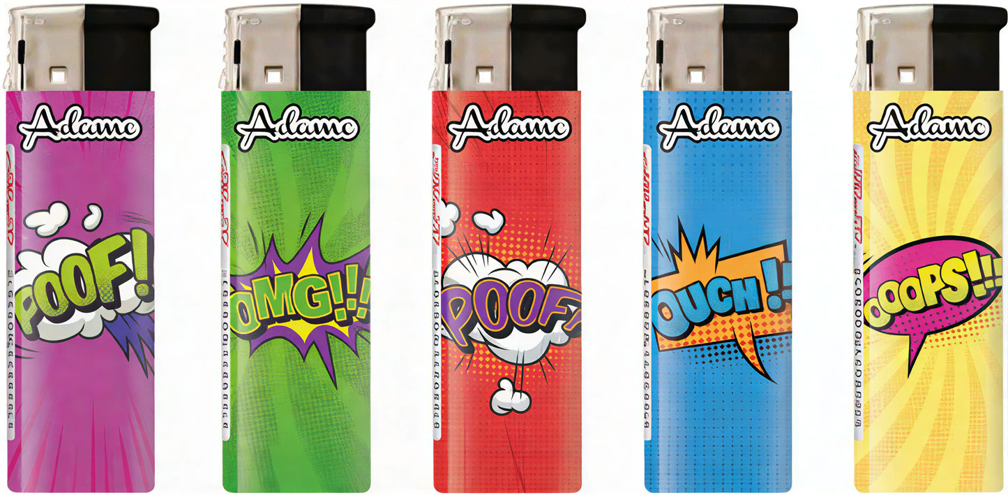 Adamo Refillable Electric Lighters - COMIC BOOK POP ART DESIGN - FULL SET OF 5 LIGHTERS