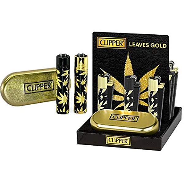 METAL CLIPPER LIGHTER - BLACK WITH GOLD WEED LEAF DESIGN