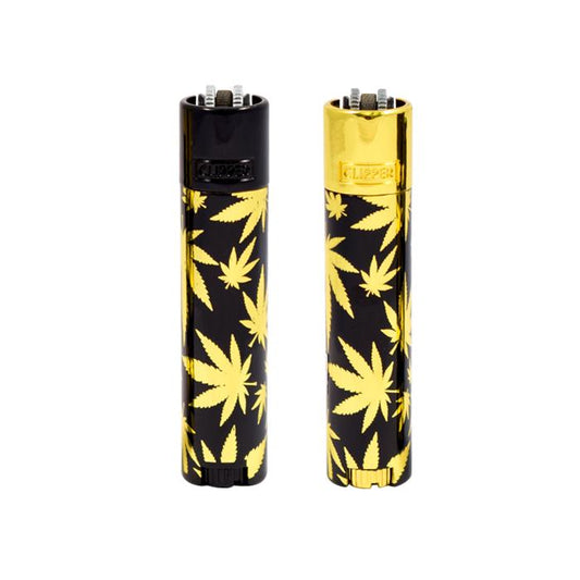 METAL CLIPPER LIGHTER - BLACK WITH GOLD WEED LEAF DESIGN