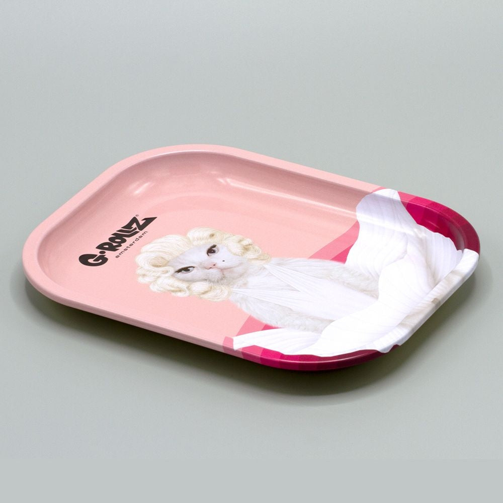 MARILYN CAT PINK METAL ROLLING TRAY - SMALL OR MEDIUM - MATCHING MAGNETIC LIDS & GIFTSETS AVAILABLE