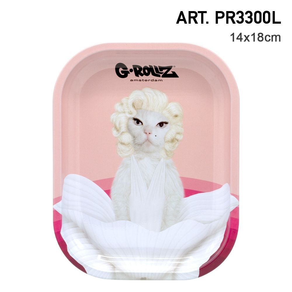 MARILYN CAT PINK METAL ROLLING TRAY - SMALL OR MEDIUM - MATCHING MAGNETIC LIDS & GIFTSETS AVAILABLE