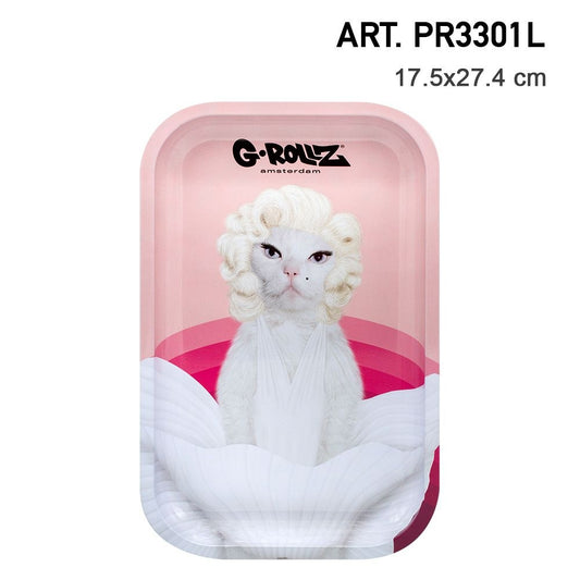 MARILYN CAT PINK METAL ROLLING TRAY - SMALL OR MEDIUM - MATCHING MAGNETIC LIDS & GIFTSETS AVAILABLE