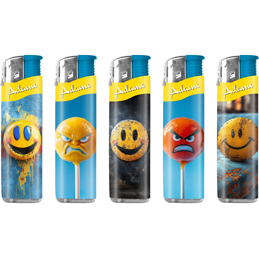 Adamo Refillable Electric Lighters - SMILEY FACES DESIGN (SLIM) - FULL SETS OF 5 LIGHTERS / BULK