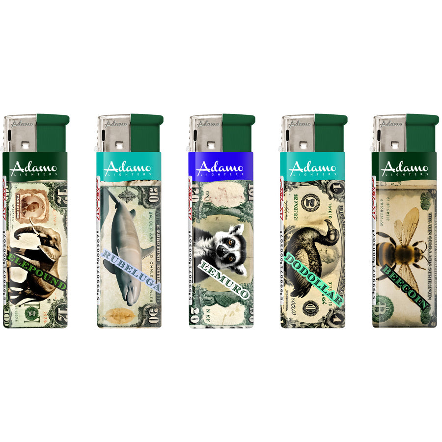 Adamo Refillable Electric Lighters - ANIMAL BANK NOTES DESIGN - FULL SETS OF 5 LIGHTERS / BULK