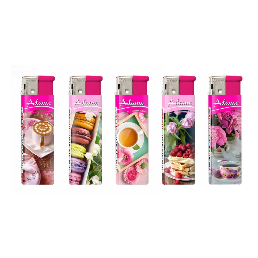 Adamo Refillable Electric Lighters - PINK AFTERNOON TEA DESIGN - FULL SET OF 5 LIGHTERS