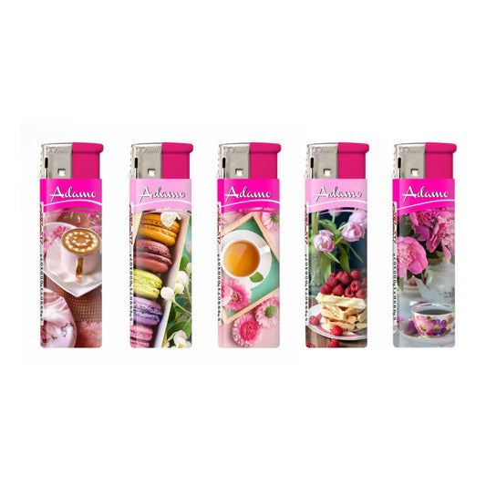 Adamo Refillable Electric Lighters - PINK AFTERNOON TEA DESIGN - FULL SET OF 5 LIGHTERS