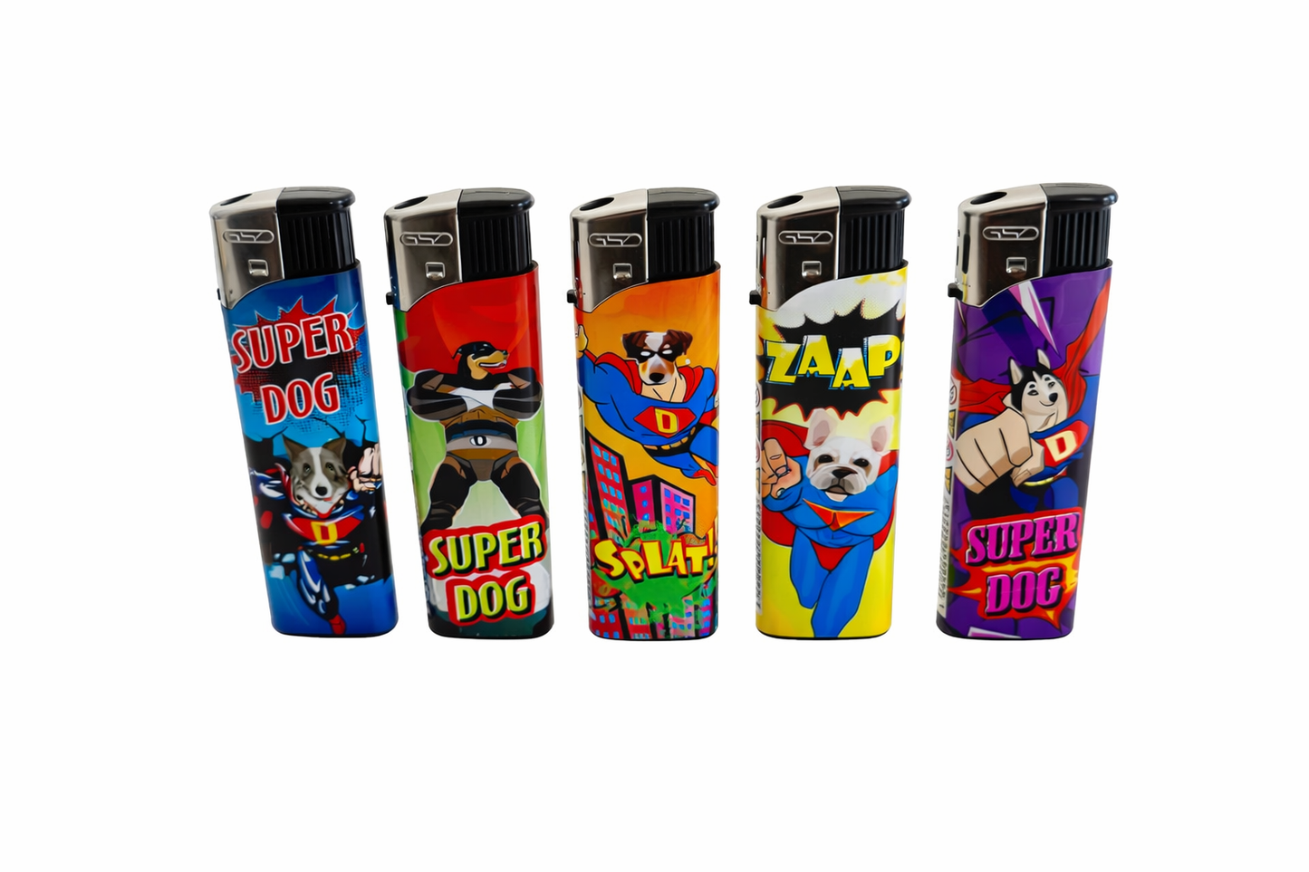GSD Refillable Electric Lighters - SUPERHERO DOGS DESIGN - FULL SET OF 5 LIGHTERS
