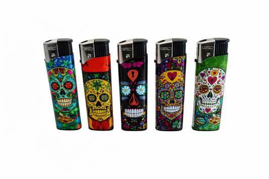 GSD Refillable Electric Lighters - MEXICAN SKULLS DESIGN - FULL SET OF 5 LIGHTERS