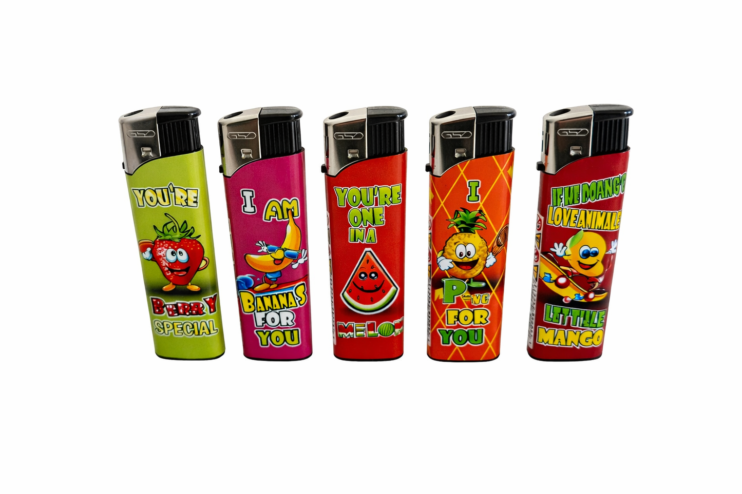 GSD Refillable Electric Lighters - CRAZY FRUIT DESIGN - FULL SET OF 5 LIGHTERS