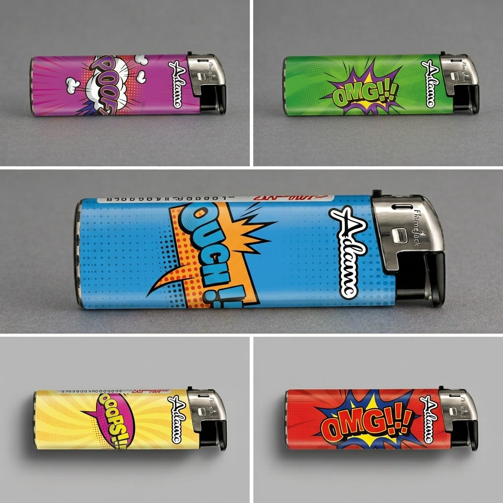 Adamo Refillable Electric Lighters - COMIC BOOK POP ART DESIGN - FULL SET OF 5 LIGHTERS
