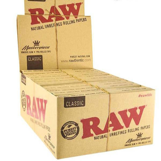 24 Raw Classic King Size Slim Rolling Papers + Tips (Connoisseur) FULL BOX OF 24 PACKS