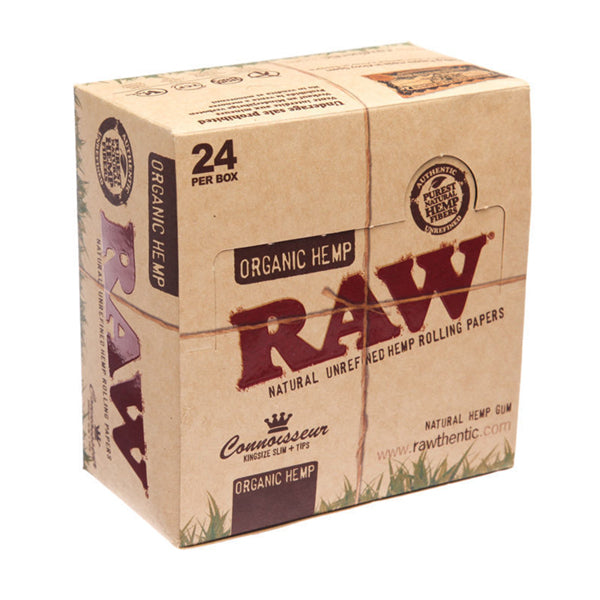 24 Raw Organic Hemp King Size Slim Papers + Tips (Connoisseur) FULL BOX OF 24 PACKS