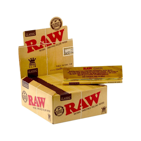 50 Raw Classic King Size Slim Rolling Papers FULL BOX OF 50 PACKS