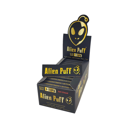 50 Alien Puff Black & Gold 1 1/4 Size Unbleached Brown Papers + Tips FULL BOX OF 50 PACKS