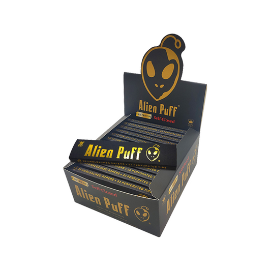 33 Alien Puff Black & Gold King Size Unbleached Brown Rolling Papers + Tips FULL BOX OF 33 PACKS