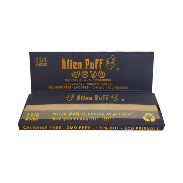 50 Alien Puff Black & Gold 1 1/4 Size Unbleached Brown Rolling Papers FULL BOX OF 50 PACKS