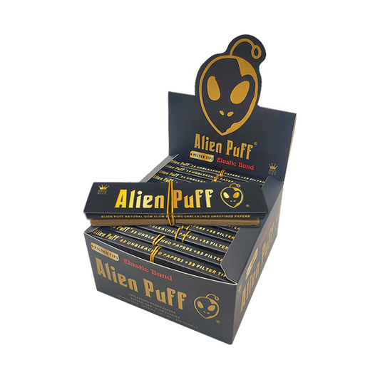 33 Alien Puff Black & Gold King Size Elastic Band Unbleached Papers + Filter Tips FULL BOX OF 33 PACKS