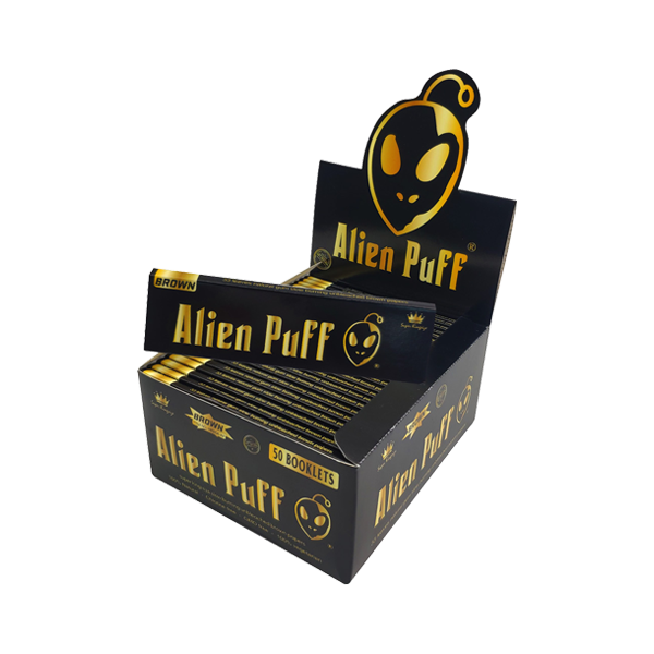 33 Alien Puff Black & Gold Super King Size Unbleached Brown Rolling Papers FULL BOX OF 33 PACKS