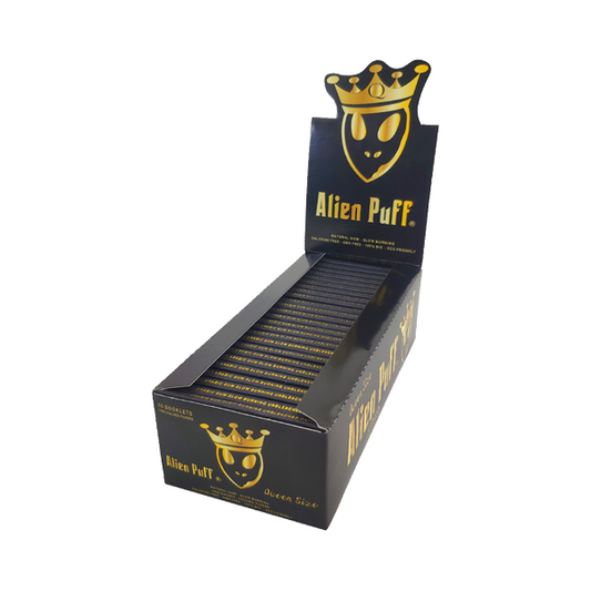 62 Alien Puff Black & Gold Queen Size Unbleached Brown Rolling Papers FULL BOX OF 62 PACKS