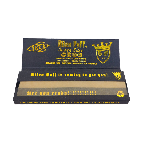 62 Alien Puff Black & Gold Queen Size Unbleached Brown Rolling Papers FULL BOX OF 62 PACKS