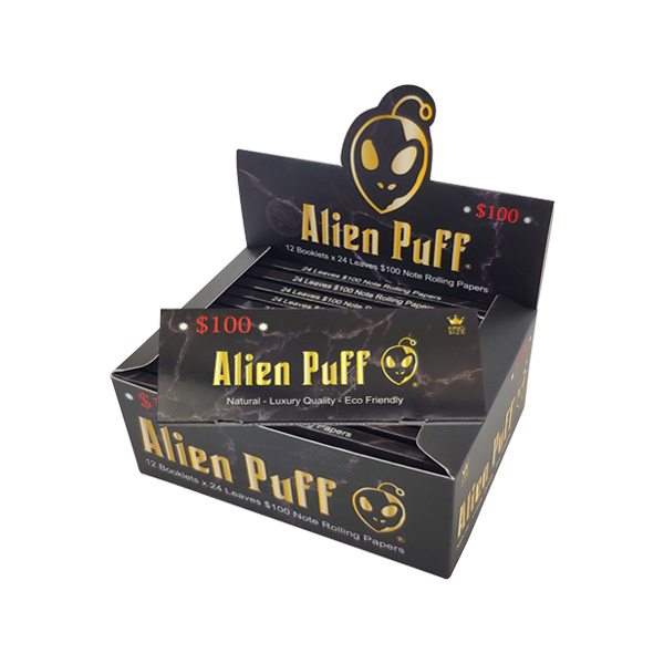 24 Alien Puff Black & Gold King Size $100 Note Rolling Papers FULL BOX OF 24 PACKS