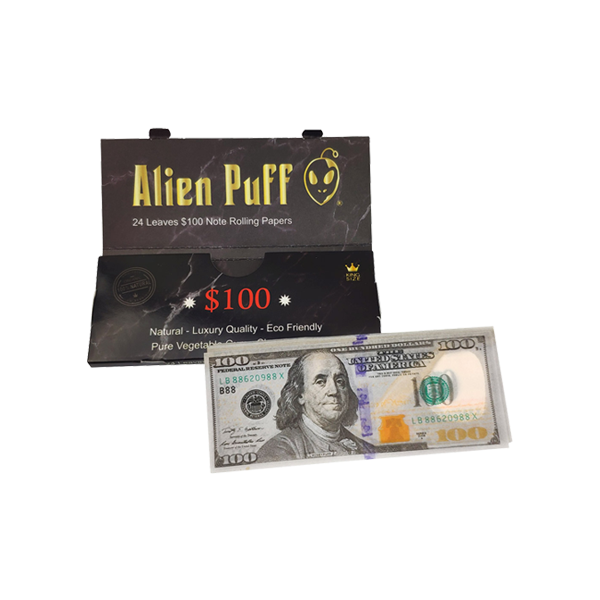 24 Alien Puff Black & Gold King Size $100 Note Rolling Papers FULL BOX OF 24 PACKS