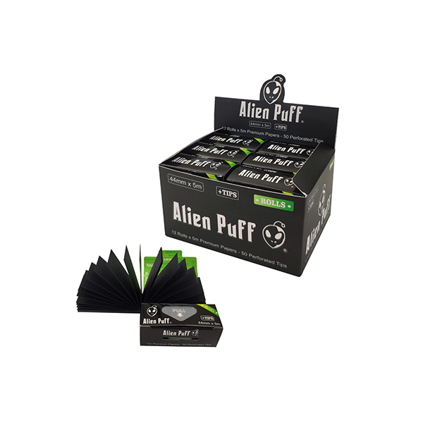 Alien Puff Rolls and Roach 5mx44mm White Rice Paper 12 Rolls FULL BOX OF 12 PACKS