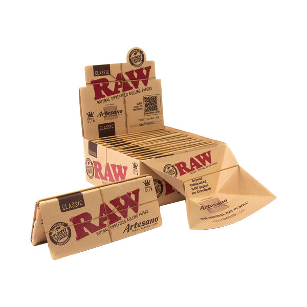 15 Raw Classic Artesano King Size Slim Rolling Papers + Tray & Tips FULL BOX