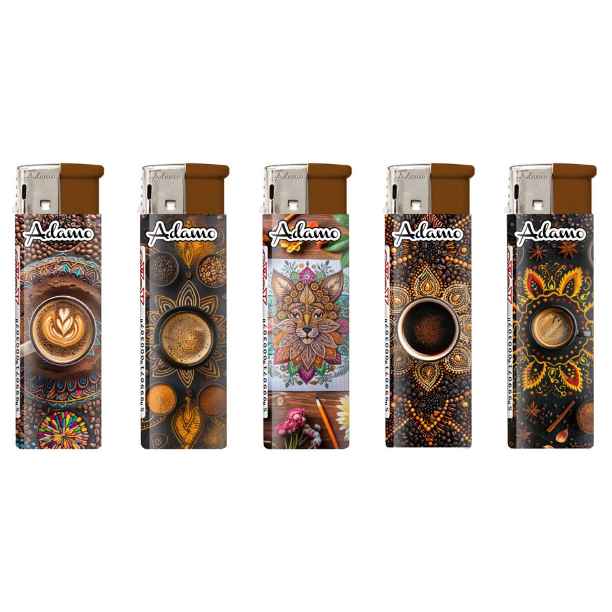 Adamo Refillable Electric Lighters - MANDALA COFFEE DESIGN - FULL SETS OF 5 LIGHTERS / BULK