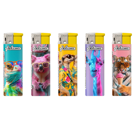 Adamo Refillable Electric Lighters - COLOURFUL ANIMALS DESIGN - FULL SETS OF 5 LIGHTERS / BULK