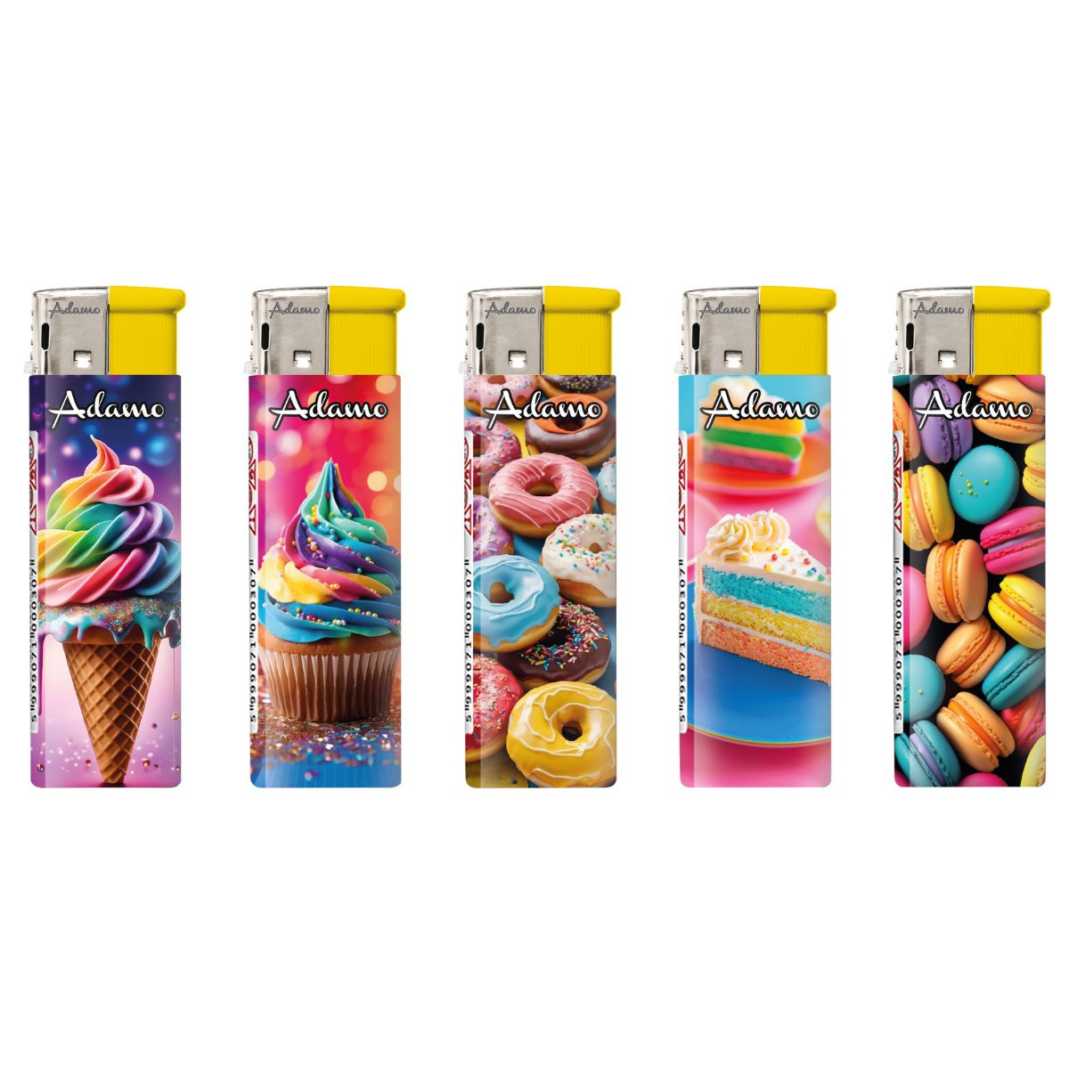 Adamo Refillable Electric Lighters - COLOURFUL DESSERTS DESIGN - FULL SETS OF 5 LIGHTERS / BULK