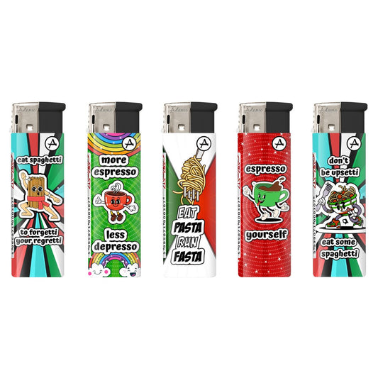 Adamo Refillable Electric Lighters - ITALY FUNNY PASTA & COFFEE DESIGN - FULL SETS OF 5 LIGHTERS / BULK