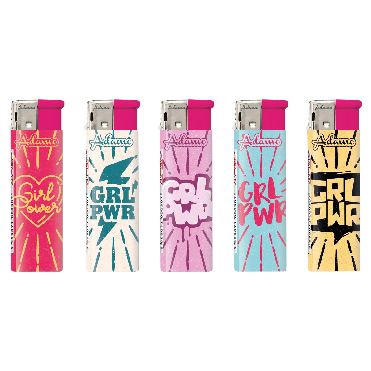Adamo Refillable Electric Lighters - GIRL POWER DESIGN - FULL SETS OF 5 LIGHTERS / BULK