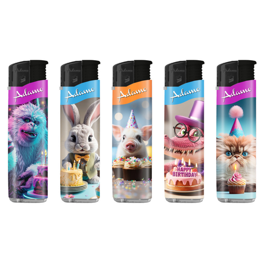 Adamo Refillable Electric Lighters - BIRTHDAY PARTY ANIMALS DESIGN (SLIM) - FULL SETS OF 5 LIGHTERS / BULK