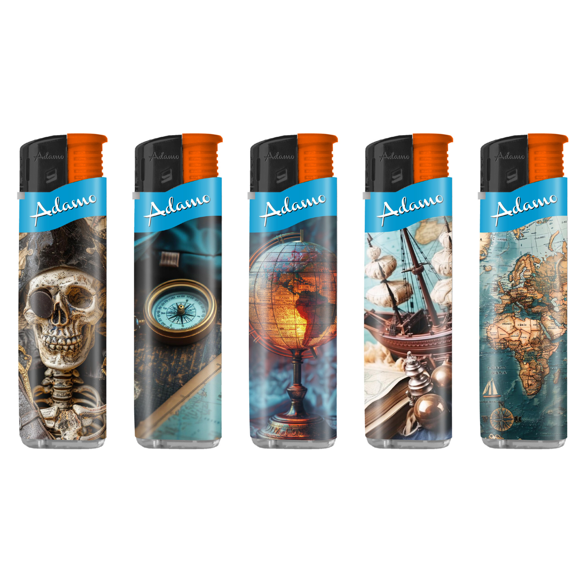 Adamo Refillable Electric Lighters - PIRATES ADVENTURE DESIGN (SLIM) - FULL SETS OF 5 LIGHTERS / BULK