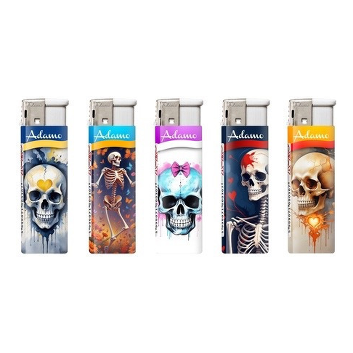 Adamo Electric Lighters - CUTE SKULLS DESIGN - FULL SETS OF 5 LIGHTERS / BULK