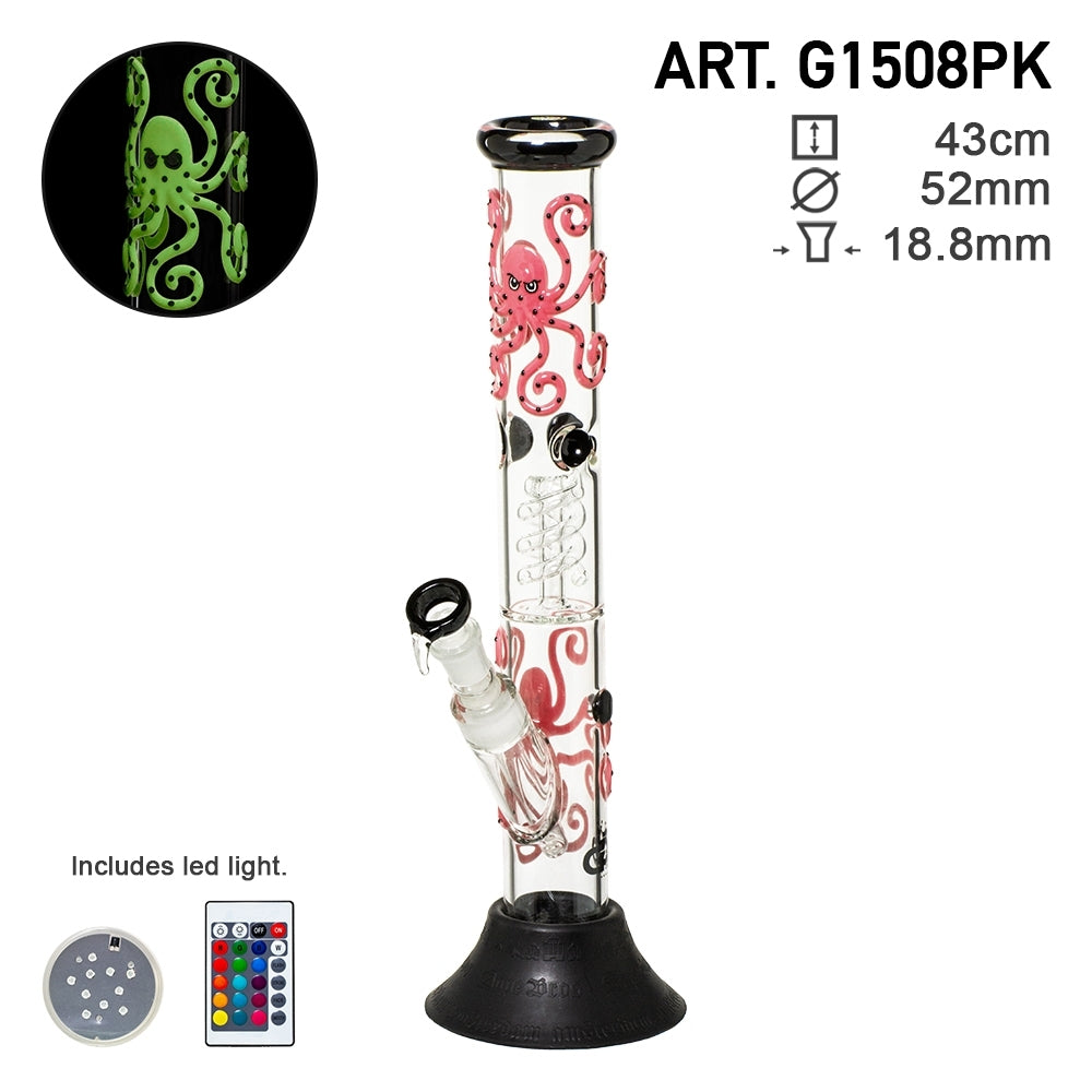 GRACE GLASS - OCTOPODA 43cm GLASS PERCOLATOR BONG - LED GLOW IN DARK PINK
