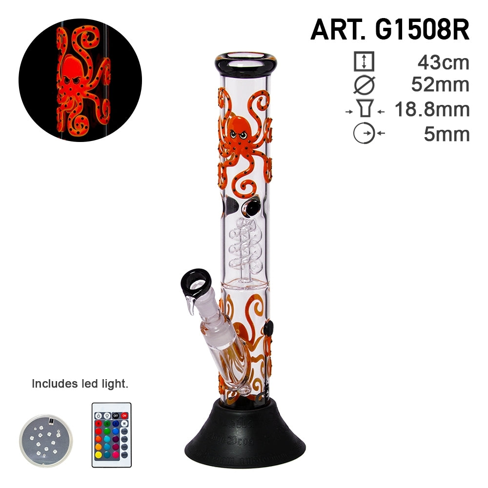 GRACE GLASS - OCTOPODA 43cm GLASS PERCOLATOR BONG - LED GLOW IN DARK RED