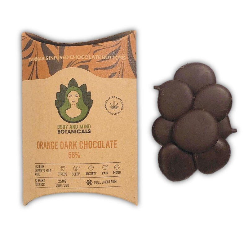 BODY AND MIND BOTANICALS - 25mg CBD CANNABIS - ORANGE DARK CHOCOLATE BUTTONS