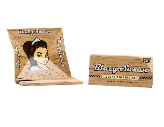 BLAZY SUSAN KINGSIZE SLIM UNBLEACHED DELUXE ROLLING KIT - ROLLING PAPERS, TIPS & TRAY